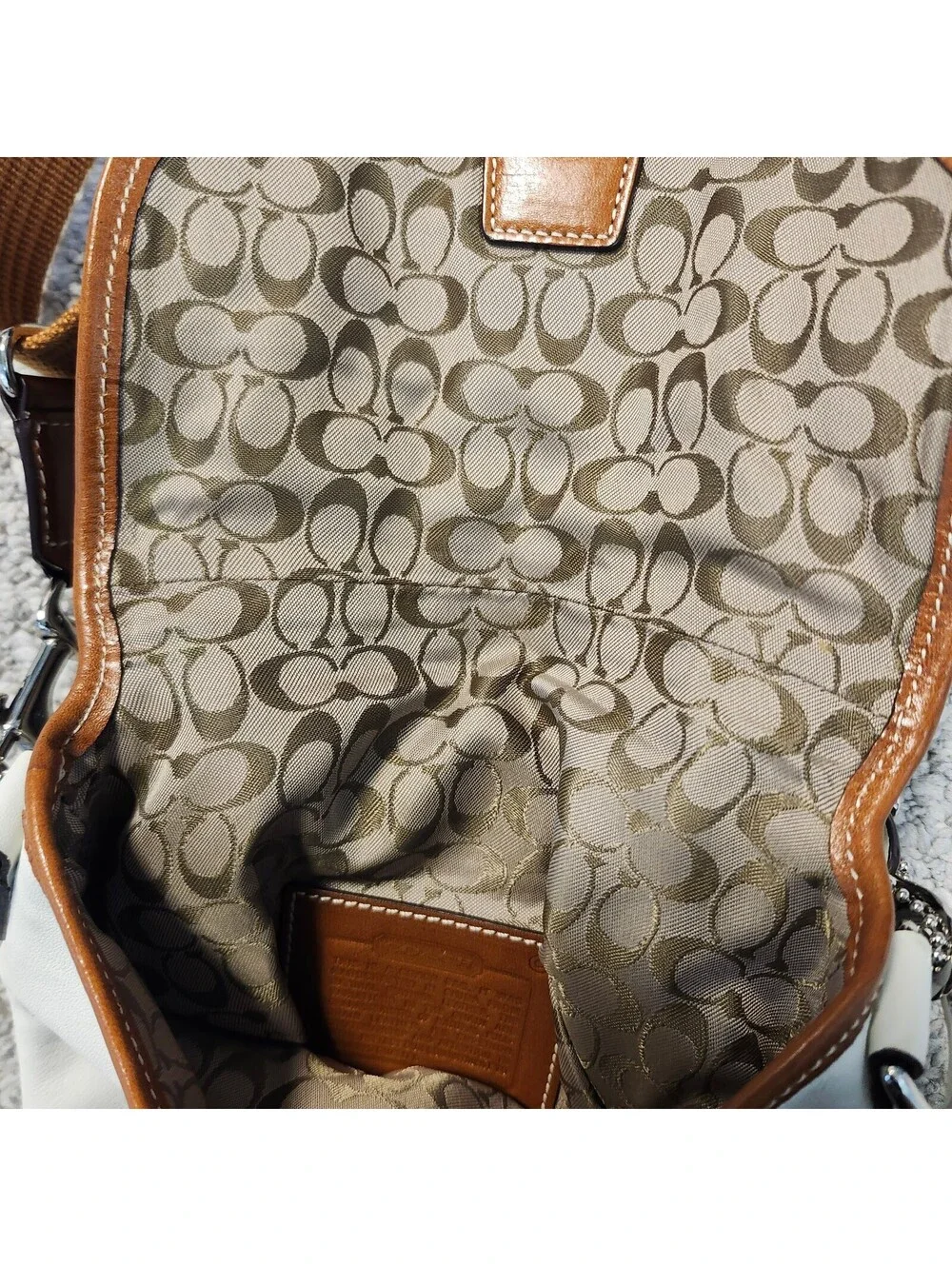 Coach White Leather Crossbody Bag with Brown Trim and Adjustable Strap